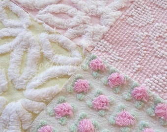 Chenille Fabric Squares Set, "Spring is in the Air", from Vintage Bedspread Fabrics, 16 Quilt Blocks, 6" inch, Cottage Pink, Yellow & White