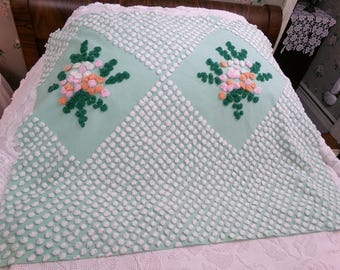 Jade Green Floral Vintage Chenille Fabric: Handmade Antique Cotton, 31x24" Piece