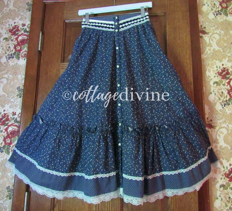 Navy Flowers & Dots Gunne Sax Gunnies Vintage 1970s Calico Velvet Ruffle Prairie Skirt image 6
