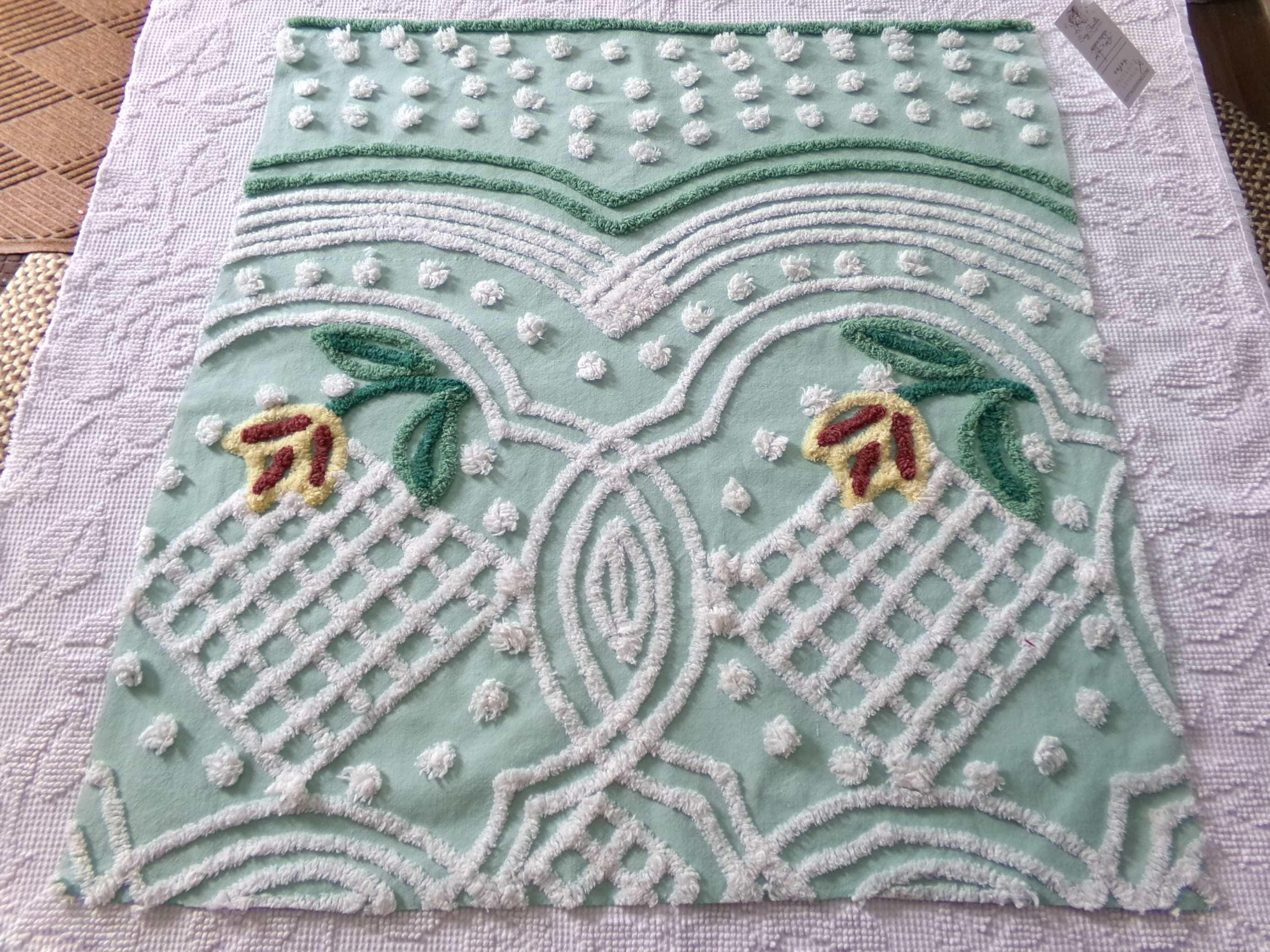 darling yellow tulip vintage chenille, 24" x 23" inch fabric piece cut from a 1940s chenille bedspread, sweet spring flowers on mint green