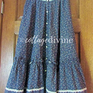 Navy Flowers & Dots Gunne Sax Gunnies Vintage 1970s Calico Velvet Ruffle Prairie Skirt image 2