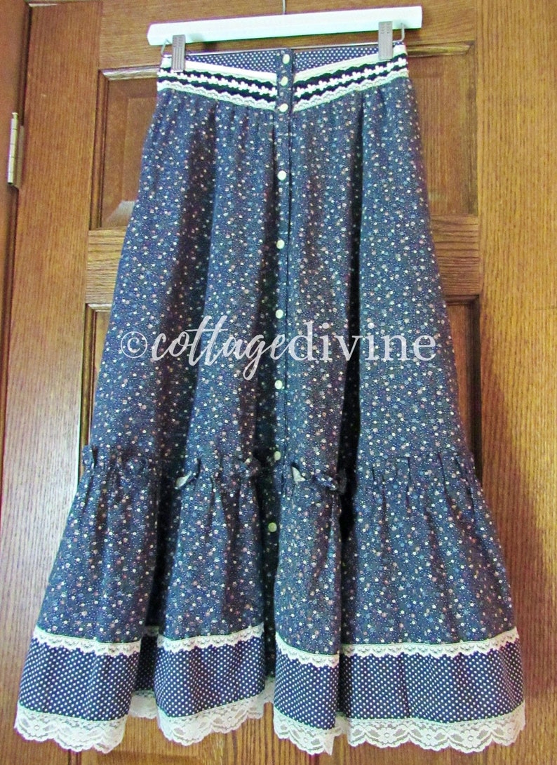 Navy Flowers & Dots Gunne Sax Gunnies Vintage 1970s Calico Velvet Ruffle Prairie Skirt image 2
