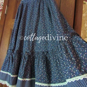 Navy Flowers & Dots Gunne Sax Gunnies Vintage 1970s Calico Velvet Ruffle Prairie Skirt image 8