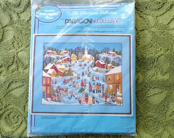 Christmas Primitive Crewel Stitchery Kit, Vintage Paragon Embroidery 6732, Country Village Winter Scene, Adele Veres