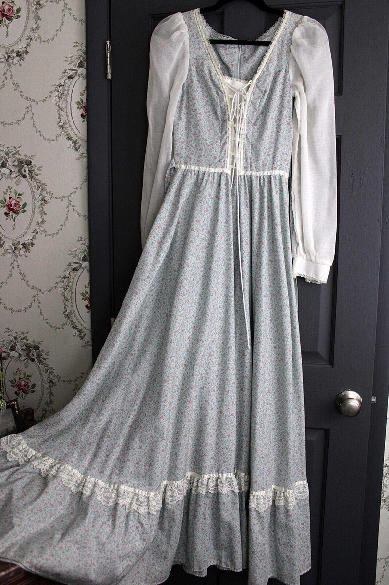 Vintage Gunne Sax Maxi Corset Dress, Dreamy Blue Calico Floral 1970s ...