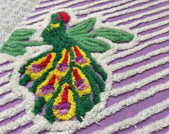 Green Peacock Vintage Chenille Fabric, 19x22" Purple & White Piece