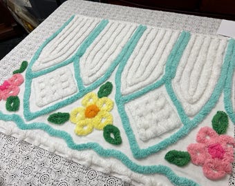 Plush Vintage Chenille Bedspread Fabric, Flowers & Cathedral Stripes, 21x24"