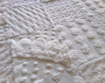 snow bunny vintage chenille fabric squares, 16 vintage white 6" quilt blocks w/ pops, squiggles, diamond lattice & swirls