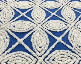 Star Flower Vintage Chenille Fabric Cobalt Blue & White 24x28" Quilt Craft Textile