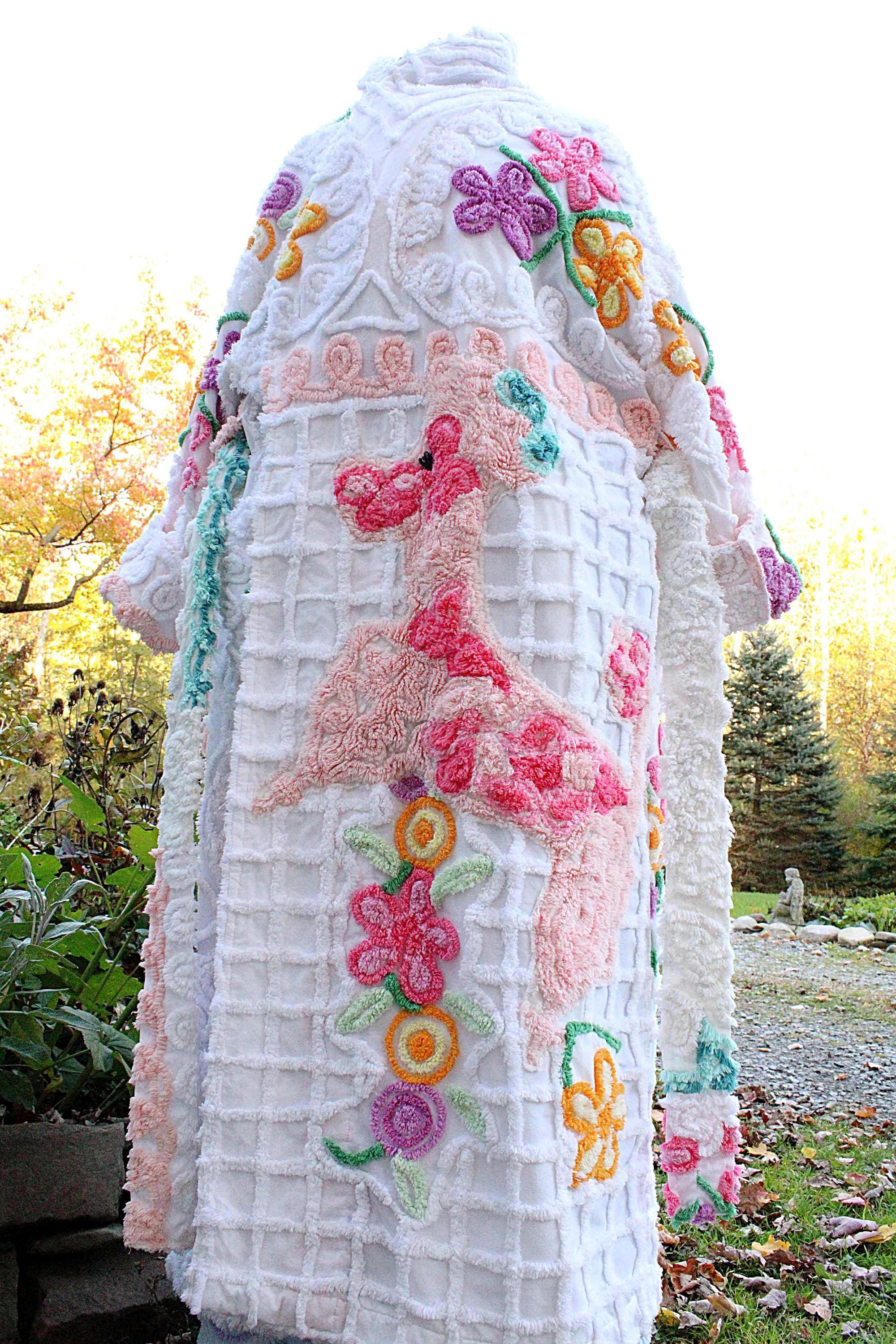 Peekaboo Pink Poodle Chenille Robe, Colorful Plus Size Women's Bathrobe Upcycled from Vintage Chenille Bedspread Fabrics, 1X, 2X Large