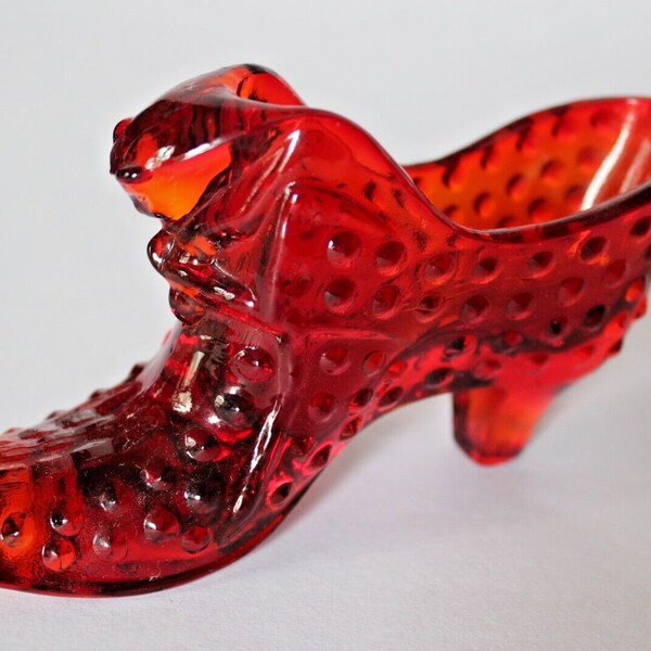 Vintage Fenton Ruby Slipper Red Hobnail Cat's Head Glass Boot Decorative Shoe