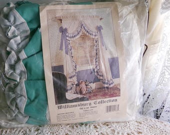 Vintage Priscilla Curtain Panels Pair, NOS Vintage Window Curtains, Cream & GREEN Trim, Bow Tiebacks, 84" L Williamsburg Collection