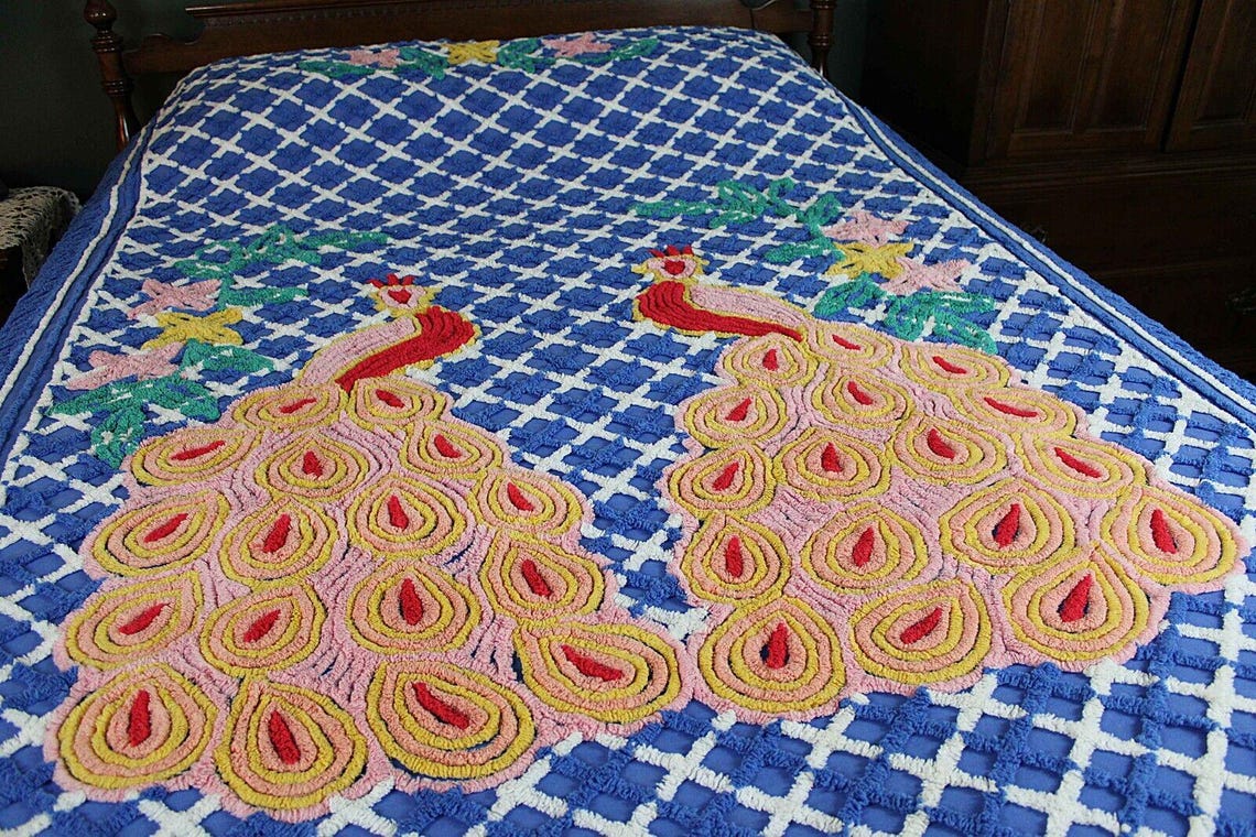 Royal Blue vintage Peacock Chenille Bedspread, Bold Tropical Floral Colors, FULL Sz image 1