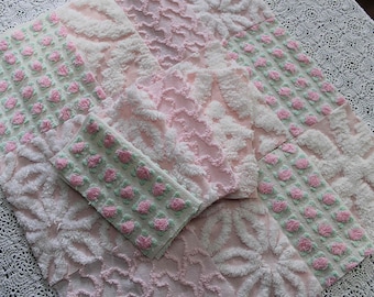 fairy pink chenille fabric squares, cottage rosebud & daisy, 16 vintage quilt blocks 6&quot; x 6&quot; inch, for patchwork pillows, quilting, crafts