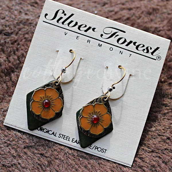 Enamel Floral Pierced Dangle Earrings, Vintage Silver Forest Vermont Hippie Boho Design with Anemone Flower