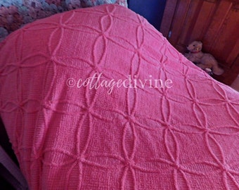 Hot Rose Pink Vivid Vintage Wedding Ring 1960s Chenille Bedspread, Full Size