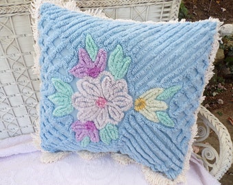Cottage Blue Floral Chenille Pillow Cover 17&quot; x 17&quot; inch Square, REVERSIBLE Accent Fringe Pillow from Vintage Chenille Bedspread Fabric