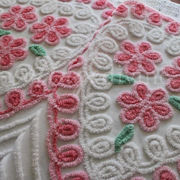 Giant Candybox Hearts Vintage Chenille Fabric, 27" x 42" Inch LARGE Piece, Pink Rose Trios on White Cotton, #2