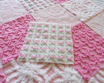 Must Love Pink Chenille Quilt Squares Set from Vintage Bedspread Fabric, 16 Blocks, 6" inch