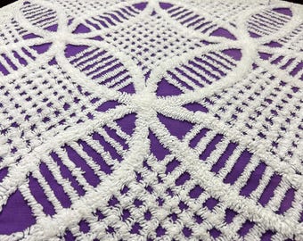 Vintage Chenille Fabric, 23x20" High Contrast Saturated Purple White Star Spokes