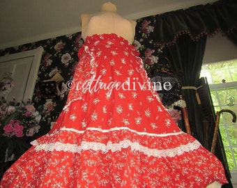 Bewitching Red Gunne Sax Gunnies Vintage 1970s Calico Prairie Peasant Lace Skirt