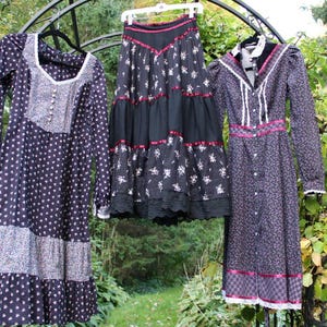 Dark Cottagecore Vtg Clothing Lot: 2 Prairie Dress, 1 Gunne Sax Boho Black Skirt