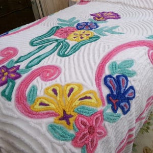 colorful cottagecore vintage chenille bedspread in a plush statement floral design, 100% cotton white full size bedding