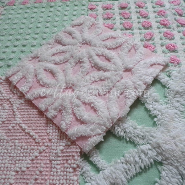 Chenille Quilt Squares Set in Dreamy Pink Rosebuds & Greens, from Vintage Bedspread Fabric, 17 Blocks, 6" inch