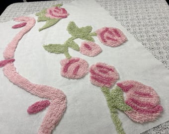 Pink Rose Vintage Chenille Fabric Cottage Chic 20x26" Quilt Craft Textile