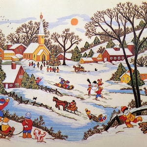 WINTER DAYS Vintage Crewel Embroidery Kit Paragon Needlecraft 0515 Whimsical Snow Scene, Adele Veres Design