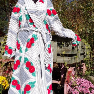Plus Size Chenille Robe &quot;Lovey Dovey&quot; Red Roses Dove Grey Bathrobe Upcycled from WWII Era Vintage Chenille Bedspread, 1X, 2X Large