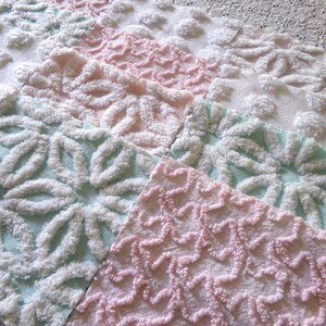Beautiful Aqua & Pink Chenille Quilt Squares Set from Vintage Bedspread Fabric, 16 Blocks, 6" x 6" inch, Daisy, Squiggle, Polka Dot Patterns