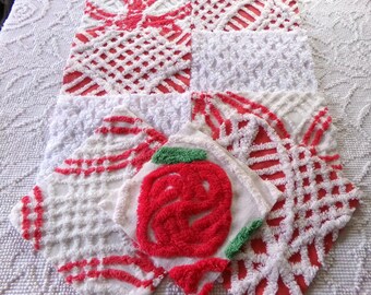 vintage chenille fabric squares, set of 8 red & white 7.5" vintage quilt blocks for sewing, Christmas crafts, quilting