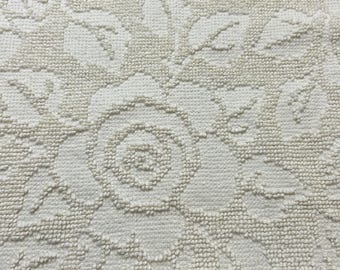 Cream White Vintage Chenille Fabric, Cabbage Roses, 20x30" Hobnail Woven Pc