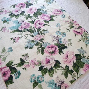 Vintage Barkcloth Fabric, Shabby Cottage Chic Roses on Aged White, 18&quot; x 25&quot; Cut Fabric Piece from a Deconstructed bark cloth curtain panel