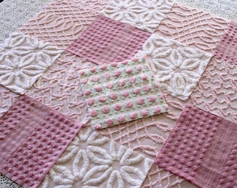 Prettiest Pink Quilt Squares, Daisy Rose Craft Square Set from Vintage Chenille Bedspread Fabric, 17 Blocks, 6&quot; x 6&quot; inch