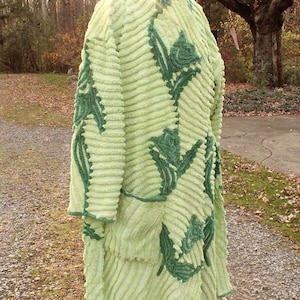 plant lady beautiful chenille robe, shabby upcycled women&#39;s bathrobe from tulip floral vintage chenille bedspread fabrics, in size L/XL