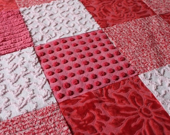 Cupid's Kisses Chenille & Velvet Craft Squares Set from Vintage Bedspread Fabric, 16 Blocks, 6" inch in Pink, Red