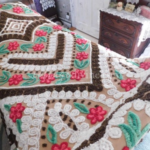 Chocolate Cherry Heart Cake Midcentury Vintage Chenille Bedspread, Cotton, Full Size