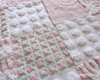 Pink Whispers Chenille Quilt Squares Set from Vintage Bedspread Fabric, 16 Blocks, 6&quot; inch
