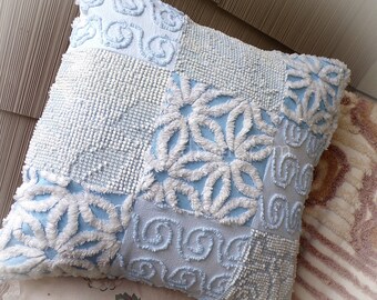 Beach Cottage Chenille Pillow Cover 16&quot; x 16&quot; inch Square, REVERSIBLE Patchwork Blue Accent Pillow from Vintage Chenille Bedspread Fabric