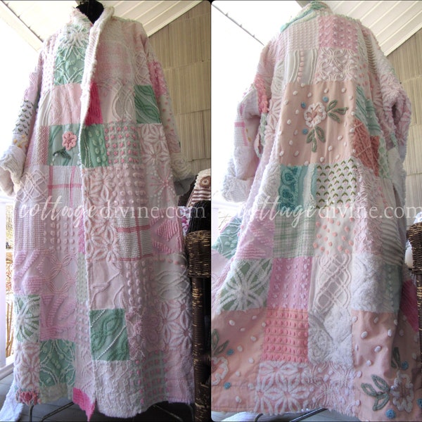 Patchwork Rag Quilt Vintage Chenille Coat Robe Heirloom Women's Plus Size Bathrobe, Flannel Lined