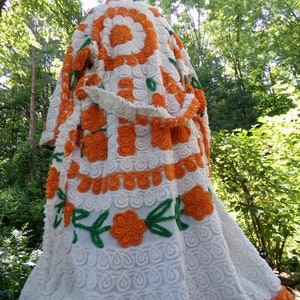 Plush & Warm Women&#39;s Chenille Robe, &quot;Citrus Dreams&quot; Bathrobe Upcycled from Vintage Chenille Bedspread Fabrics, Size L XL 1X