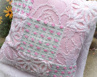 Cottage Fantasy Chenille Pillow Cover 16" x 16" inch Square, REVERSIBLE Patchwork Pink Accent Pillow from Vintage Chenille Bedspread Fabric