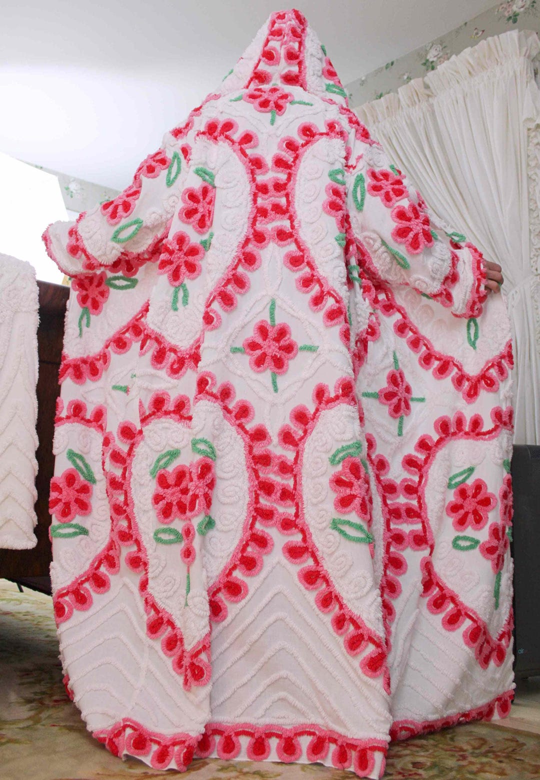 Upcycled Old Robe Vintage Chenille Hooded Robe, Pink Hearts Flowers, Upcycled Cotton ...