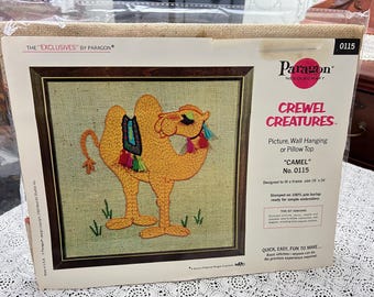 CAMEL CREWEL CREATURES Vintage 1969 Embroidery Kit, Paragon 0115, Jute Burlap