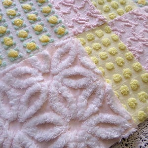 Spring Dance Chenille Quilt Squares, Cheerful Craft Square Set from Vintage Bedspread Fabric, 16 Blocks, 6" x 6" inch, Pink & Yellow