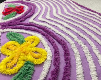 Vintage Chenille Bedspread Fabric, Purple Waves & Tropical Flowers, 19x25"