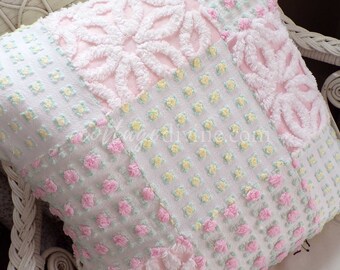 Daisy Rose Cottage Chic Chenille Pillow Cover 16&quot; x 16&quot; inch Square, Vintage REVERSIBLE Accent Pillow, Pink & Yellow Patchwork Design