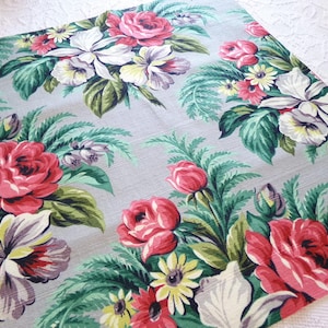 Botanical Vintage Barkcloth Fabric, Tropical Exotic Floral Print on Silvery Grey, 22&quot; x 23&quot; inches, Ideal Fabric Piece for Pillows
